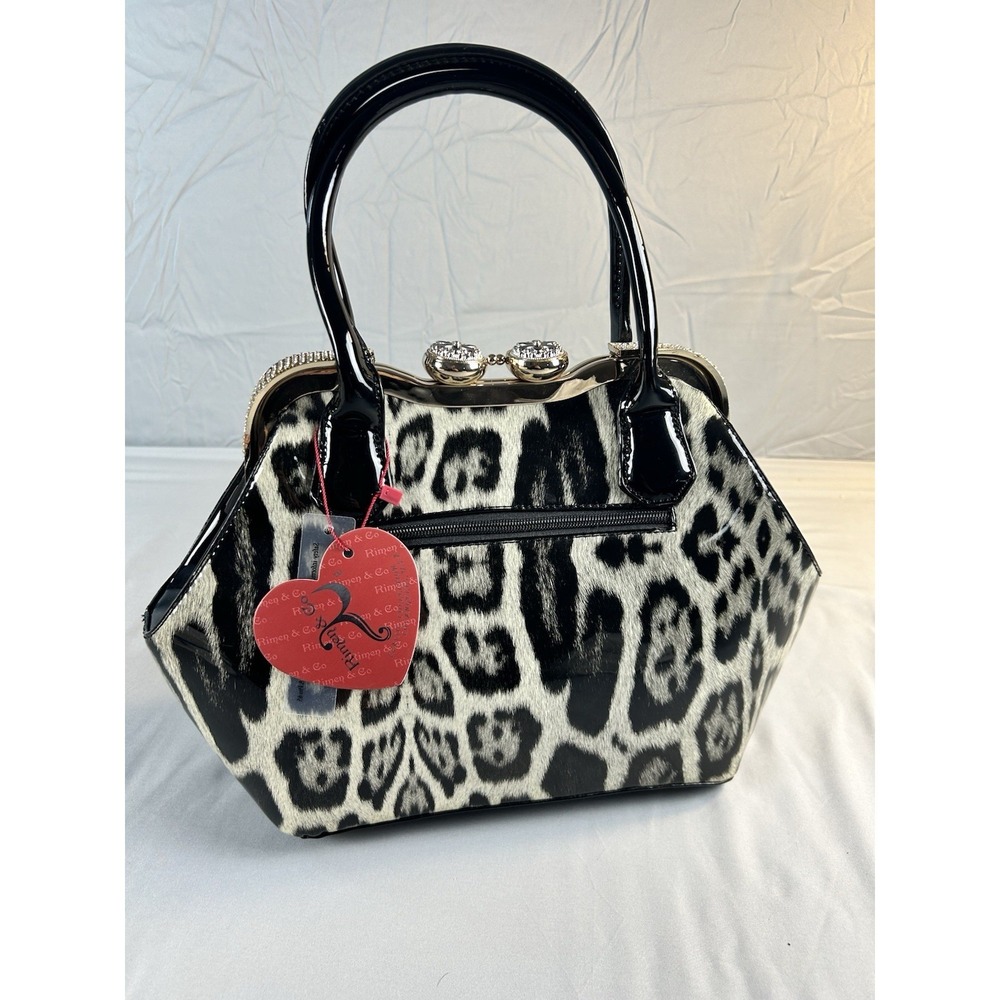 Rimen & Co Leopard Print Satchel Kiss Lock Frame Bag Rhinestone Clasp‎ NWT